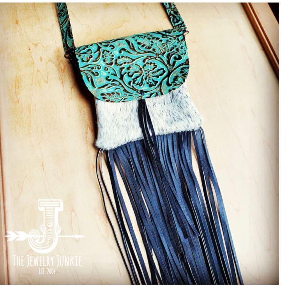 Small Crossbody Handbag Hair on Hide w/ Cowboy Leather Flap Teal embossed with f